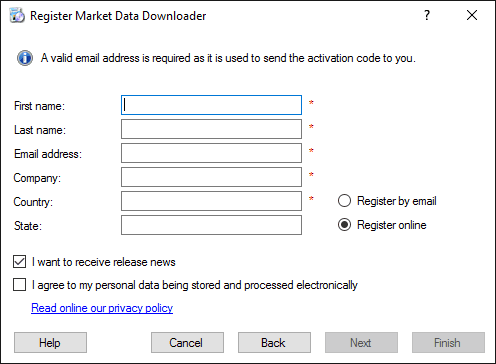 Market Data Downloader Registration - Fill personal data Market Data Downloader Registration - Fill personal data