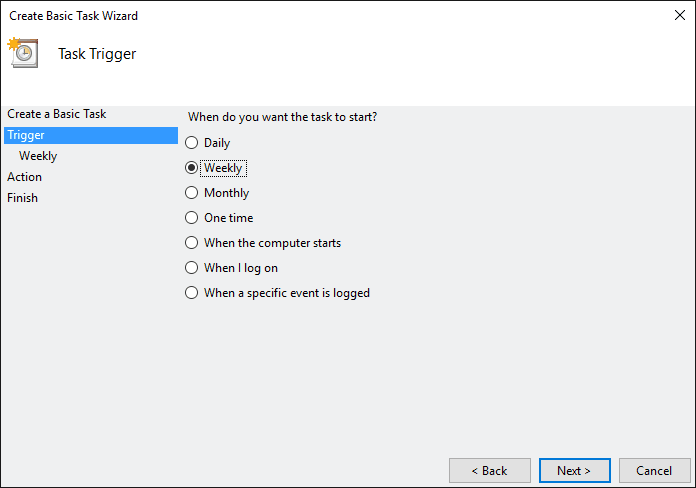 Select Weekly and click Next. Select Weekly and click Next.