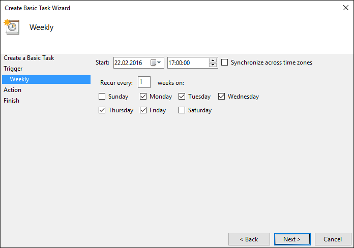 Specify time and days. Click Next. Specify time and days. Click Next.