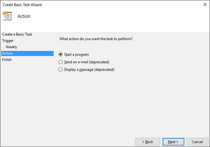 Select Start a program. Click Next. Select Start a program. Click Next.