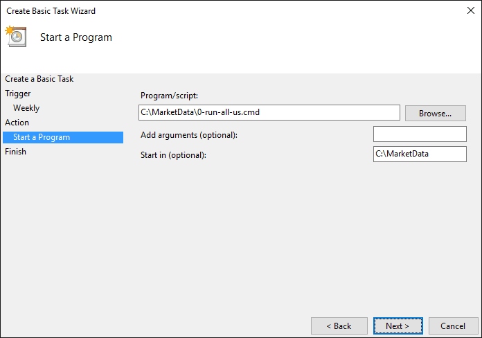 Click Browse... and open the target batch file. Fill Start in. Click Next. Click Browse... and open the target batch file. Fill Start in. Click Next.