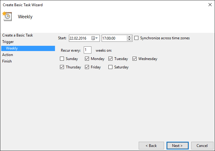 Specify time and days. Click Next.