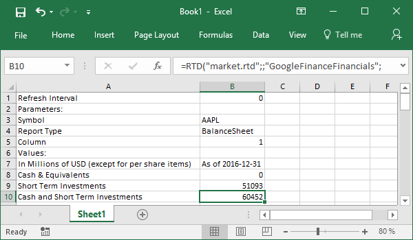 MARKET.RTD Formula Builder - Excel worksheet