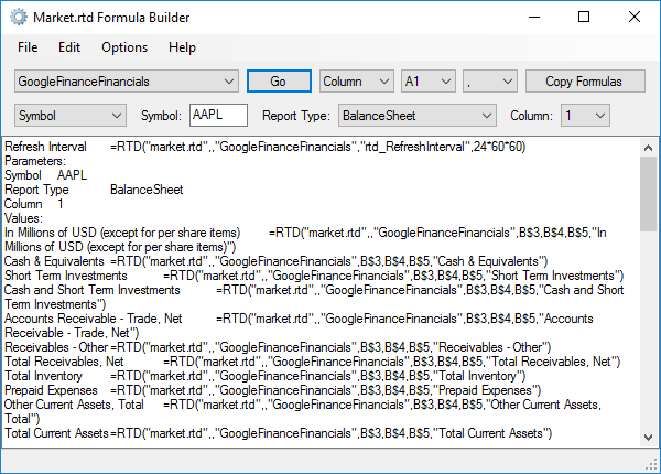 MARKET.RTD Formula Builder - Formulas