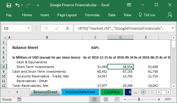 Example of Google Finance Financials