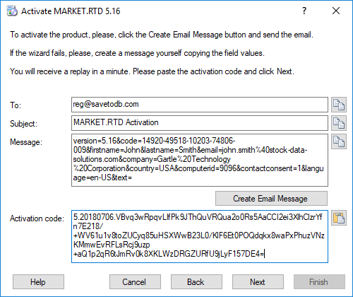 MARKET.RTD Registration - Paste the activation code