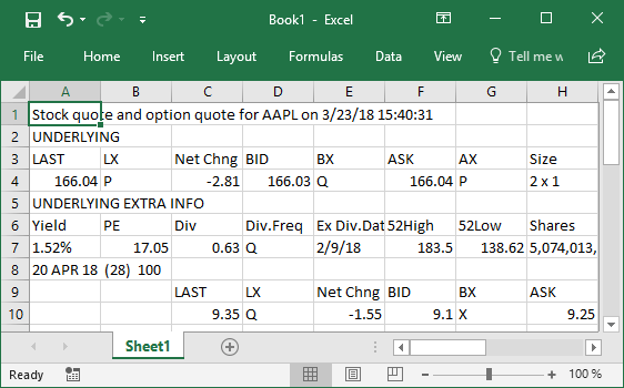 Example of real-time Thinkorswim data in Microsoft Excel