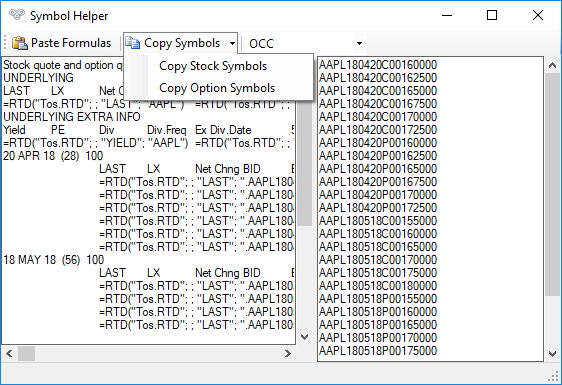 Example of copying stock and option symbols