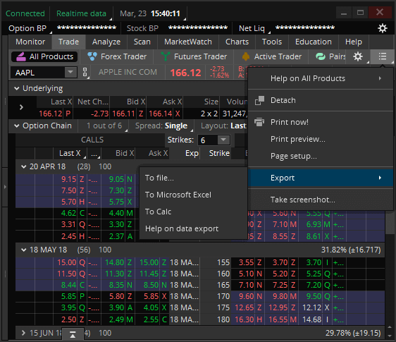 Example of exporting Thinkorswim formulas to Microsoft Excel