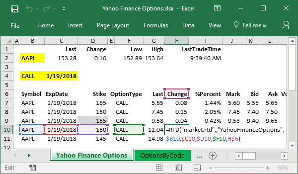 Options from Yahoo Finance in Microsoft Excel